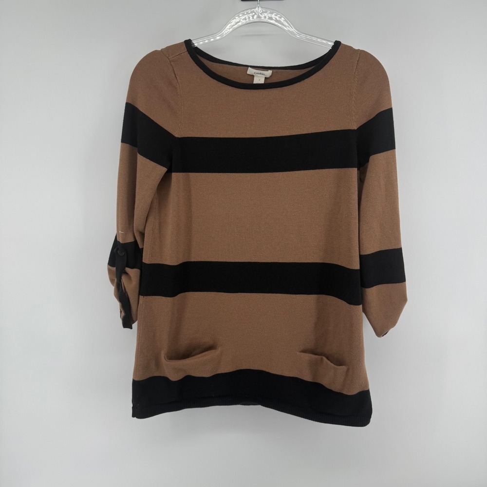 Caslon Womens Striped Sweater Size S 3/4 Sleeve Roll Tab Pockets Tan Black